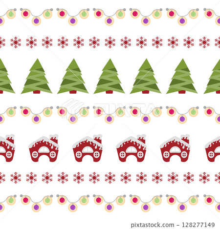 Christmas-themed pattern with trees, snowflakes, gingerbread houses, and festive lights in rows 128277149