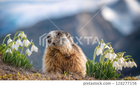 A Delightful Springtime Moment A Marmot Grazing Among Snowdrop Blossoms, Basking in a Mellow Light, Evoking Tranquility and Grace. A Delightful Springtime Moment A Marmot Grazing Among Snowdrop Blossoms, Basking in a Mellow Light, Evoking Tranquility and Grace. 128277156