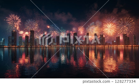 城市燈光倒映在水面上，還有節慶煙火 128277334
