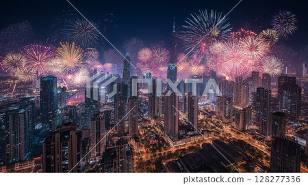 俯瞰摩天大樓的夜景和煙火 128277336