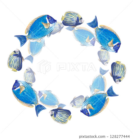 Round frame made of blue tropical fish with elegant fins. Watercolor illustration painted by hand. Ocean and sea life theme perfect for summer designs. Great for cards, labels, and digital projects. 128277444