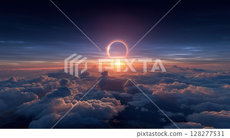 A dramatic solar eclipse rising above dense clouds, casting a warm orange glow across the sky and atmosphere A dramatic solar eclipse rising above dense clouds, casting a warm orange glow across the sky and atmosphere 128277531