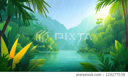 A bright rainforest scene with a river surrounded by tropical plants and trees under rain, fresh green colors 128277539