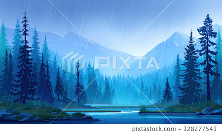 A peaceful lake surrounded by pine trees and mountains during heavy rain, in soft blue tones and moody atmosphere A peaceful lake surrounded by pine trees and mountains during heavy rain, in soft blue tones and moody atmosphere 128277541