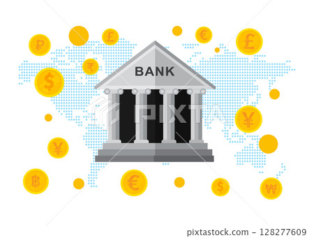 Central bank and different digital currency coins, as well as various money icons. Stock illustration 128277609