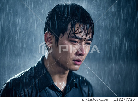 Man stands alone in rain, his expression conveying deep sadness and introspection. rain pours heavily, soaking his dark clothing and adding to somber mood of scene Man stands alone in rain, his expression conveying deep sadness and introspection. rain pours heavily, soaking his dark clothing and adding to somber mood of scene 128277729