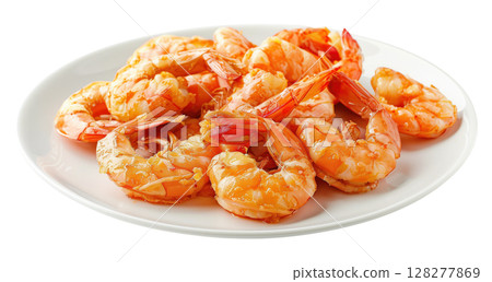 Fried shrimp on white plate isolated on white background PNG transparent clipart. 128277869