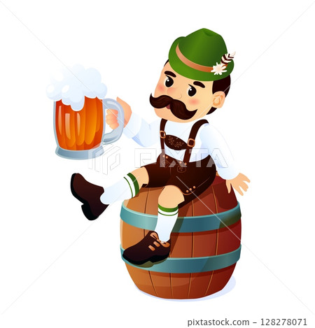 Cartoon Bavarian man in traditional Oktoberfest outfit sitting on wooden beer barrel holding frothy mug wearing green alpine hat lederhosen white shirt striped socks and black shoes Cartoon Bavarian man in traditional Oktoberfest outfit sitting on wooden beer barrel holding frothy mug wearing green alpine hat lederhosen white shirt striped socks and black shoes 128278071