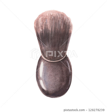 Shaving brush with soft bristles and wooden handle. Hand-painted watercolor illustration of barbershop tool isolated on white background for barbershop, packaging, cosmetic products and retro designs 128278239