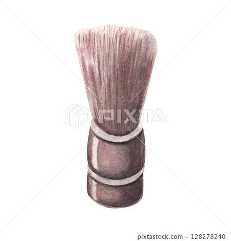 Shaving brush with long bristles and wooden handle. Hand-painted watercolor illustration of barbershop tool isolated on white background for barbershop, packaging, cosmetic products and retro designs Shaving brush with long bristles and wooden handle. Hand-painted watercolor illustration of barbershop tool isolated on white background for barbershop, packaging, cosmetic products and retro designs 128278240