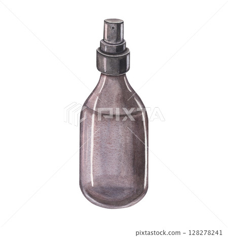 Atomizer spray bottle. Hand-painted watercolor illustration of vial isolated on white background. Perfect for barbershop, hair care branding, perfume and cosmetics packaging, design, apothecary themes 128278241