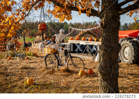 Halloween skeleton riding bicycle with pumpkins in festive autumn park 128278273