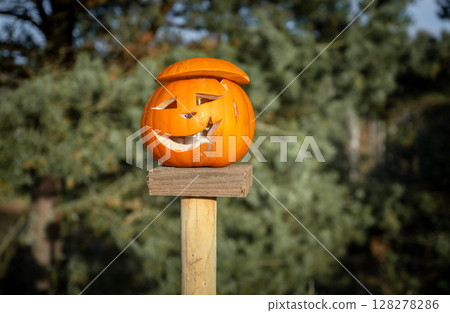 Carved Halloween pumpkin with smiling face on wooden post outdoors 128278286