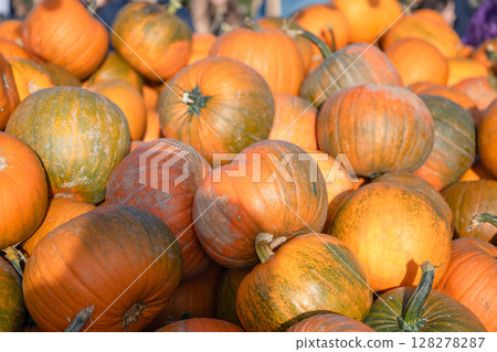 Close-up of assorted pumpkins in outdoor autumn market 128278287