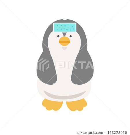 企鵝在額頭上貼了冷卻紙——預防中暑的插圖 企鵝在額頭上貼了冷卻紙——預防中暑的插圖 128278456