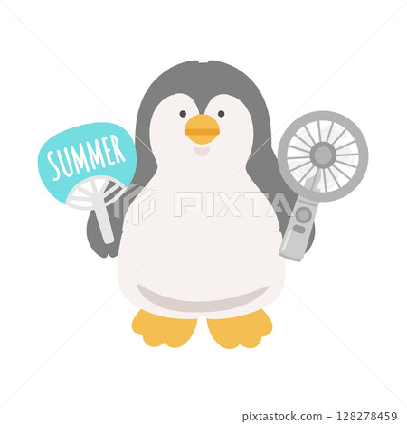 Penguin holding a handy fan and a fan Heat stroke prevention illustration 128278459