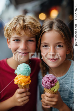 melting ice cream cones held by smiling children outdoors, hot summer day, candid moment, colorful scoops 128278789