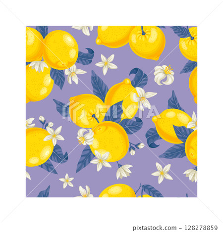 Seamless pattern with lemons, leaves and flowers creating a vibrant citrus background, perfect for summery designs, kitchen textiles, and refreshing visuals 128278859