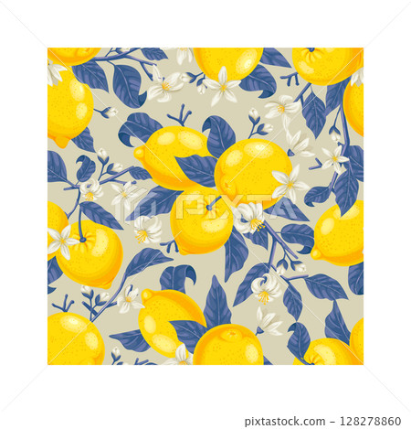 Seamless pattern with ripe yellow lemons, leaves and white flowers growing on branches on a light green background creates a fresh and vibrant design 128278860