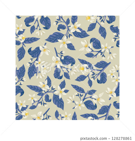 Blooming orange tree branches and blue leaves create a delicate floral design on a light green background, adding a touch of nature to various applications 128278861
