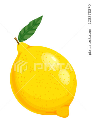 Freshly picked lemon with a single leaf attached, showcasing its vibrant yellow color and textured skin, perfect for adding a burst of flavor and freshness 128278870