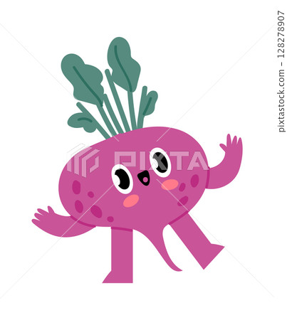 Funny purple beetroot character with vibrant green leaves, big eyes, and a smiling mouth is happily walking while greeting with raised hands, exuding a cheerful and friendly vibe Funny purple beetroot character with vibrant green leaves, big eyes, and a smiling mouth is happily walking while greeting with raised hands, exuding a cheerful and friendly vibe 128278907