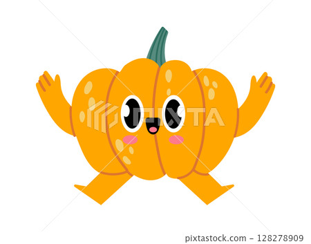 Cartoon cheerful pumpkin character running, waving with hands and smiling, funny autumn vegetable personage isolated on white background for Halloween or Thanksgiving design Cartoon cheerful pumpkin character running, waving with hands and smiling, funny autumn vegetable personage isolated on white background for Halloween or Thanksgiving design 128278909