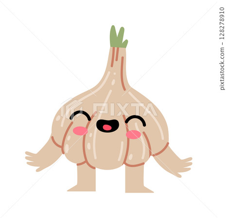 Cheerful, anthropomorphic garlic bulb stands with open arms, its joyful expression and rosy cheeks adding to its friendly demeanor, creating a whimsical and inviting image Cheerful, anthropomorphic garlic bulb stands with open arms, its joyful expression and rosy cheeks adding to its friendly demeanor, creating a whimsical and inviting image 128278910