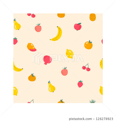 Colorful summer fruits like bananas, pears, apples, strawberries, cherries, pomegranates, mangoes lemons, oranges and pineapples creating a vibrant, cheerful pattern 128278923