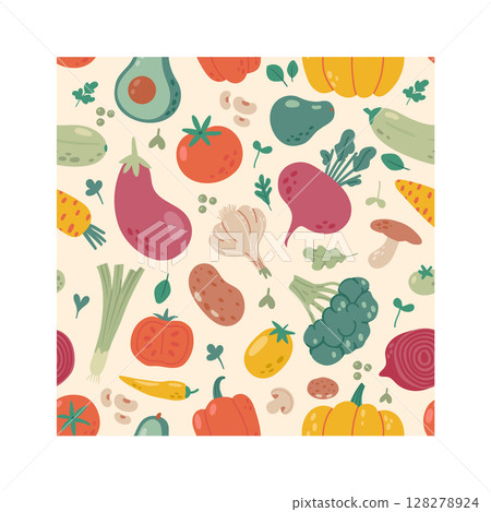 Colorful vegetables such as tomatoes, avocados, pumpkins, and eggplants create a seamless pattern, promoting healthy eating and vibrant design for various applications 128278924