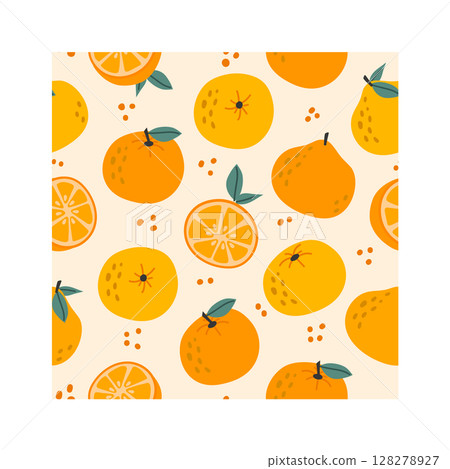 Creating a seamless pattern featuring whole oranges, juicy orange slices, and vibrant leaves, forming a cheerful and lively design against a light beige background Creating a seamless pattern featuring whole oranges, juicy orange slices, and vibrant leaves, forming a cheerful and lively design against a light beige background 128278927