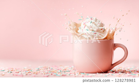 Cup of whipped cream splashing with colorful sprinkles against a soft pink background, creating a playful and vibrant dessert scene Cup of whipped cream splashing with colorful sprinkles against a soft pink background, creating a playful and vibrant dessert scene 128278981
