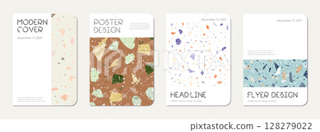 Notepad cover design. Terrazzo abstract background made of natural stones, granite, quartz and marble. Venetian terrazzo texture notepad cover template. 128279022
