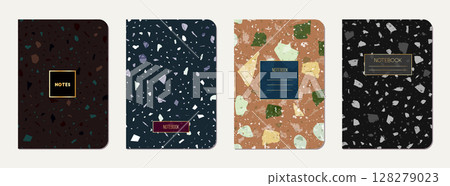 Notepad cover design. Terrazzo abstract background made of natural stones, granite, quartz and marble. Venetian terrazzo texture notepad cover template. 128279023