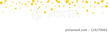 Japanese yen coins falling. Scattered gold JPY coins. Japan money. Jackpot wealth or success concept. Panoramic vector illustration. Japanese yen coins falling. Scattered gold JPY coins. Japan money. Jackpot wealth or success concept. Panoramic vector illustration. 128279062