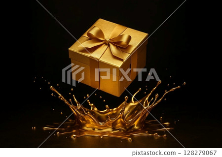 Golden Gift Box with Liquid Gold Splash on Dark Background Golden Gift Box with Liquid Gold Splash on Dark Background 128279067
