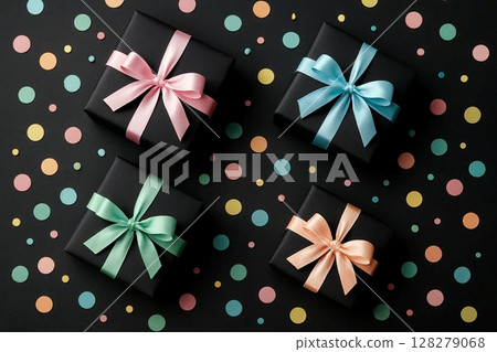 Black Gift Boxes with Pastel Ribbons and Confetti on Dark Background 128279068