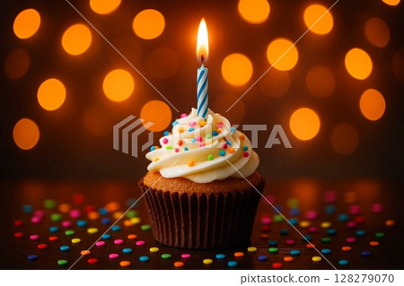 Single Cupcake with Pink Frosting and Candle on Dark Background Single Cupcake with Pink Frosting and Candle on Dark Background 128279070