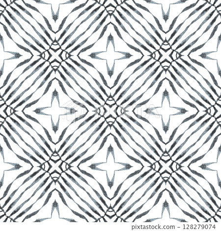 Textile ready wonderful print, swimwear fabric, wallpaper, wrapping. Black and white posh boho chic summer design. Watercolor summer ethnic border pattern. Ethnic hand painted pattern. 128279074