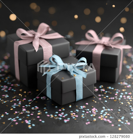 Black Gift Boxes with Pastel Ribbons and Confetti on Dark Background Black Gift Boxes with Pastel Ribbons and Confetti on Dark Background 128279080