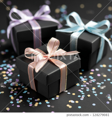 Black Gift Boxes with Pastel Ribbons and Confetti on Dark Background Black Gift Boxes with Pastel Ribbons and Confetti on Dark Background 128279081