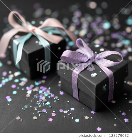 Black Gift Boxes with Pastel Ribbons and Confetti on Dark Background Black Gift Boxes with Pastel Ribbons and Confetti on Dark Background 128279082