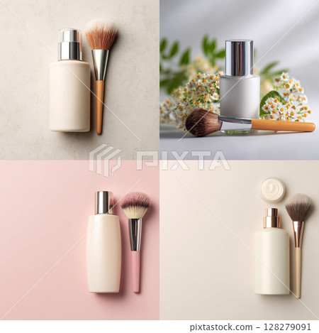 Cosmetic Bottle and Makeup Brush on Soft Toned Background Skincare and Beauty Concept Cosmetic Bottle and Makeup Brush on Soft Toned Background Skincare and Beauty Concept 128279091