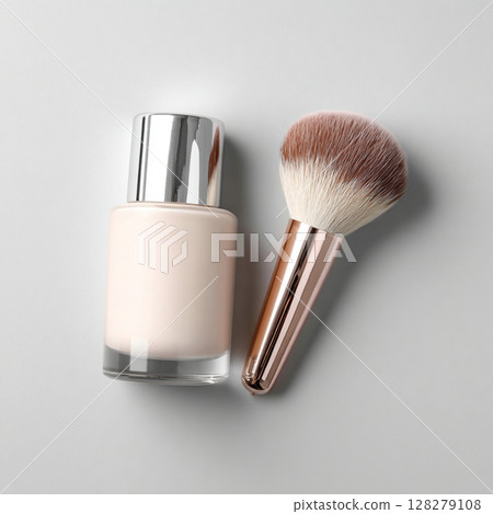 Cosmetic Bottle and Makeup Brush on Soft Toned Background Skincare and Beauty Concept Cosmetic Bottle and Makeup Brush on Soft Toned Background Skincare and Beauty Concept 128279108