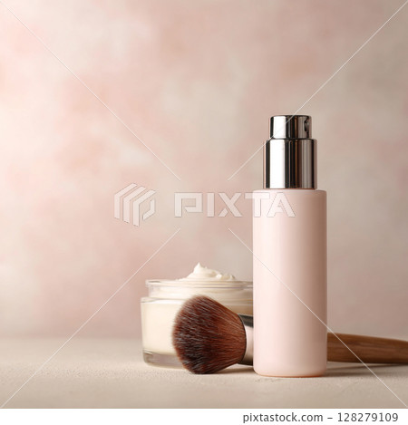 Cosmetic Bottle and Makeup Brush on Soft Toned Background Skincare and Beauty Concept Cosmetic Bottle and Makeup Brush on Soft Toned Background Skincare and Beauty Concept 128279109