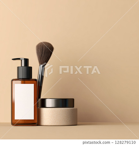 Cosmetic Bottle and Makeup Brush on Soft Toned Background Skincare and Beauty Concept Cosmetic Bottle and Makeup Brush on Soft Toned Background Skincare and Beauty Concept 128279110