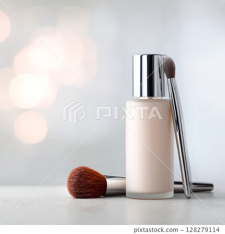 Cosmetic Bottle and Makeup Brush on Soft Toned Background  Skincare and Beauty Concept 128279114