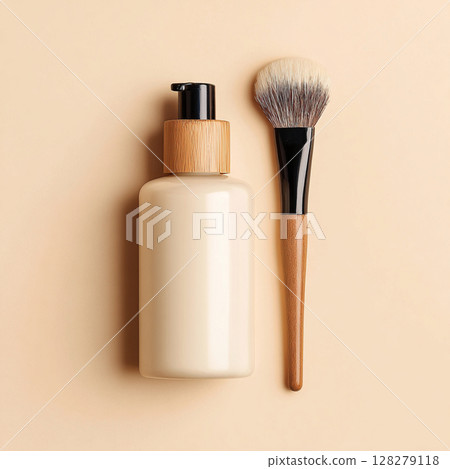 Cosmetic Bottle and Makeup Brush on Soft Toned Background Skincare and Beauty Concept Cosmetic Bottle and Makeup Brush on Soft Toned Background Skincare and Beauty Concept 128279118