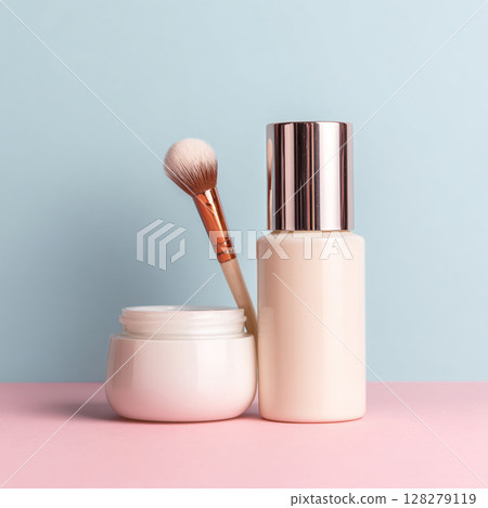Cosmetic Bottle and Makeup Brush on Soft Toned Background  Skincare and Beauty Concept 128279119