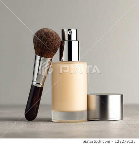 Cosmetic Bottle and Makeup Brush on Soft Toned Background Skincare and Beauty Concept Cosmetic Bottle and Makeup Brush on Soft Toned Background Skincare and Beauty Concept 128279123
